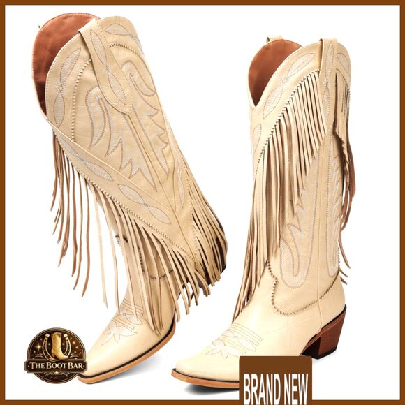 Shoes - Women's Western Boots Pointed Toe Chunky Heel Pull On Mid Calf Fringe
